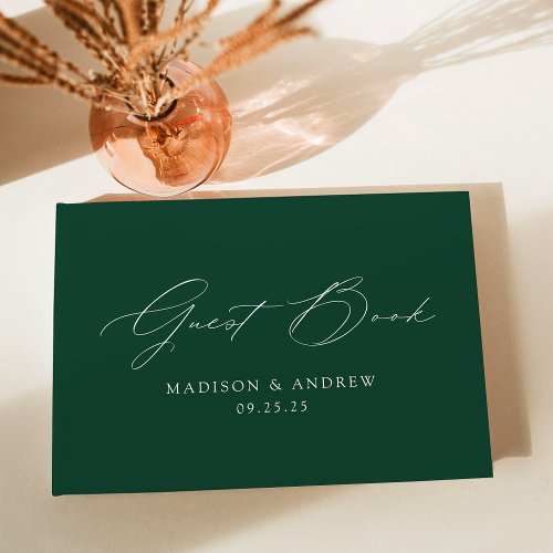 Modern Elegant Script Green Photo Wedding Guest Book