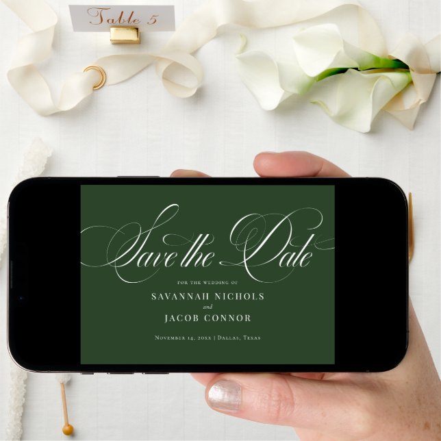 Modern Elegant Script Green Save The Date (Front Digital)