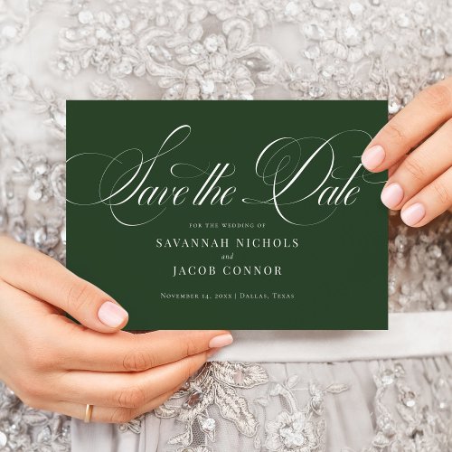 Modern Elegant Script Green Save The Date