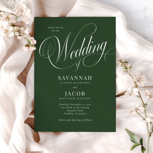 Modern Elegant Script Green Wedding Invitation