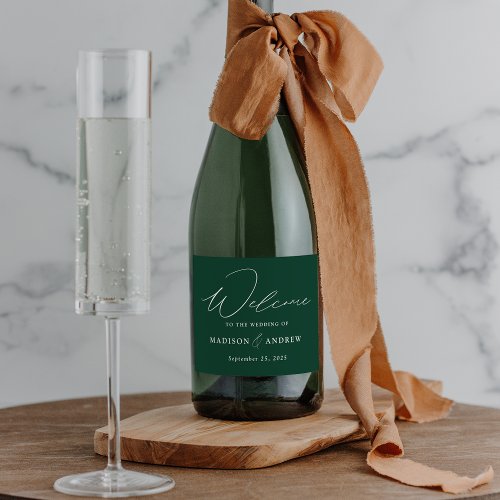 Modern Elegant Script Green Wedding Sparkling Wine Label