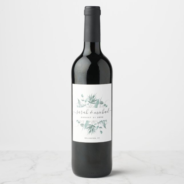Modern Elegant Script Greenery Wedding Favor Wine Label (Front)