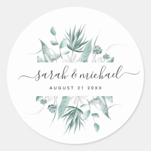 Modern Elegant Script Greenery Wedding Guest Classic Round Sticker