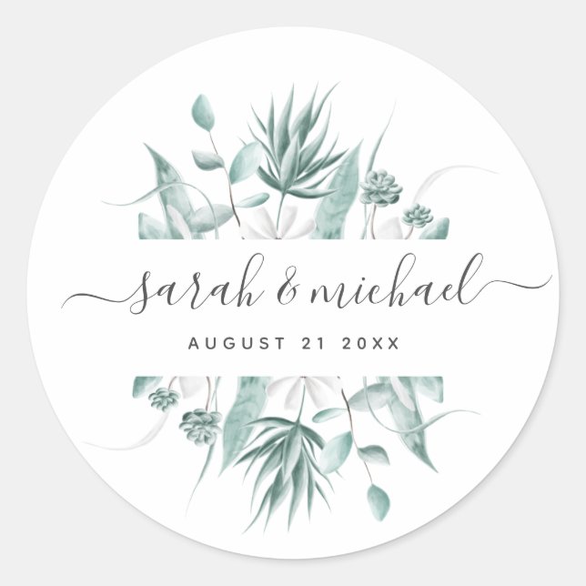 Modern Elegant Script Greenery Wedding Guest Classic Round Sticker (Front)