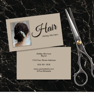 Modern Elegant Script Hair Stylist Beige Business Card