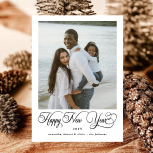 Modern Elegant Script Happy New Year 4 Photo Holiday Card