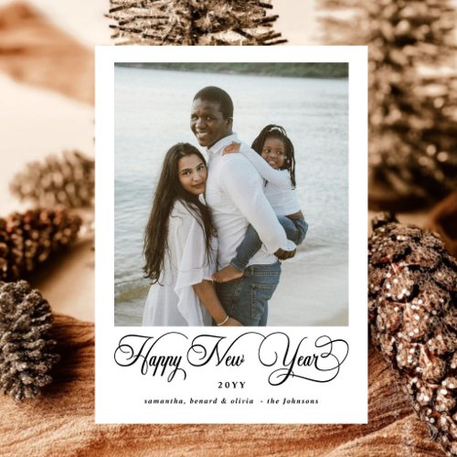 Modern Elegant Script Happy New Year 4 Photo Holiday Card
