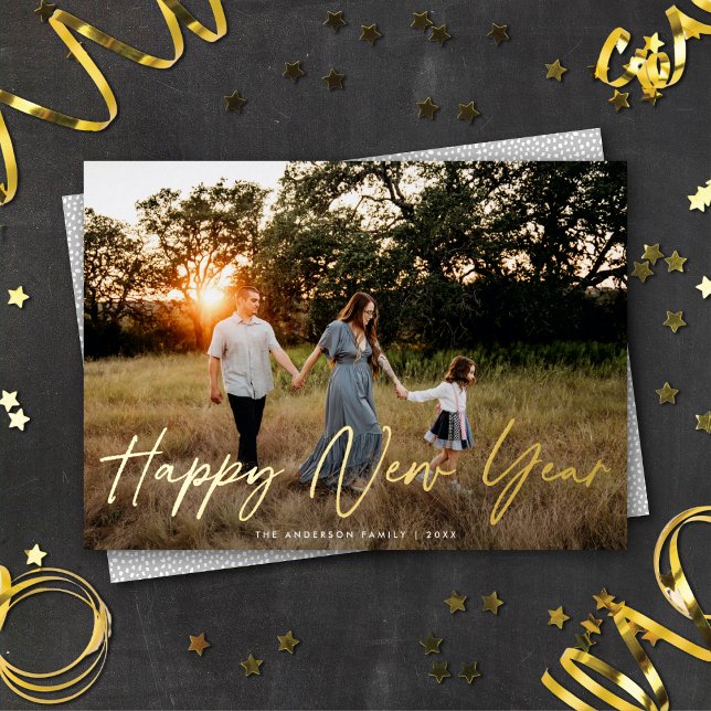 Modern Elegant Script Happy New Year Photo Gold Foil Holiday Card (Creator Uploaded)