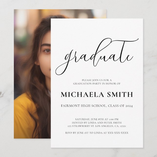 Modern Elegant Script High School Photo Graduation Invitation (Front/Back)