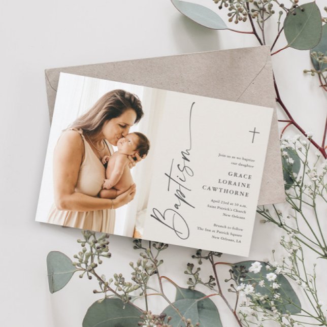 Modern Elegant Script Ivory Photo Baptism Invitation (Creator Uploaded)