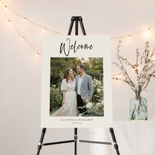 Modern Elegant Script Ivory Photo Wedding Welcome Foam Board (In Situ (Stand))