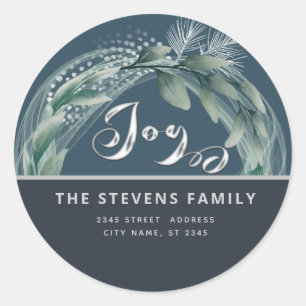 Modern elegant script joy winter botanical classic round sticker