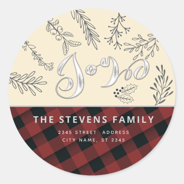 Modern elegant script joy winter botanical plaid classic round sticker (Front)