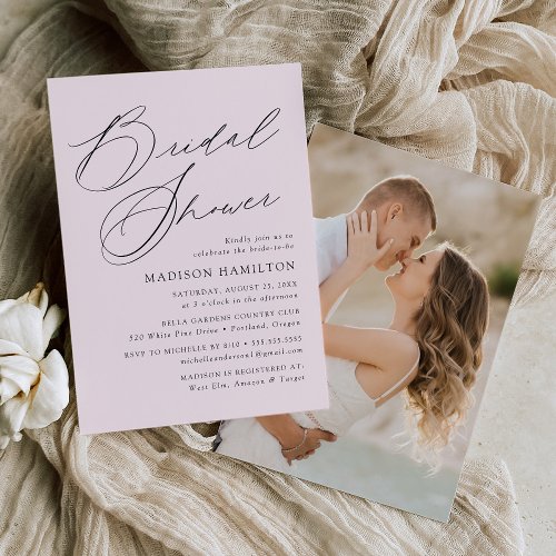 Modern Elegant Script Lavender Photo Bridal Shower Invitation