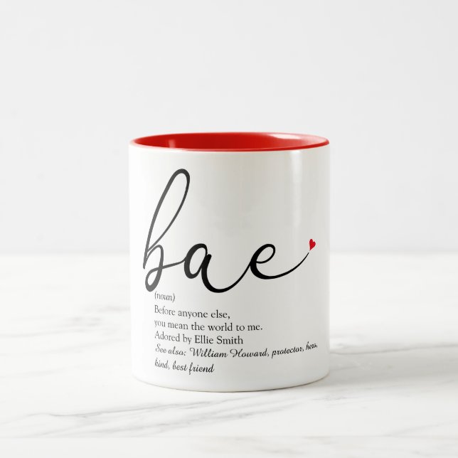 Modern Elegant Script Love Heart Bae Definition Two-Tone Coffee Mug (Center)