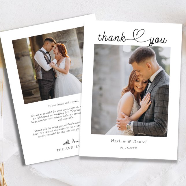 Modern Elegant Script Love Heart Wedding  Photos Thank You Card (Creator Uploaded)