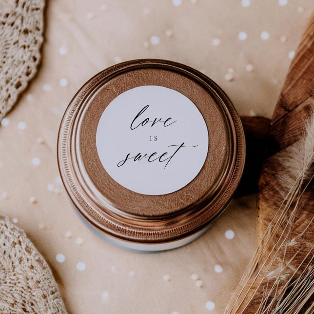 Modern Elegant Script Love Is Sweet Favors Classic Round Sticker (Creator Uploaded)