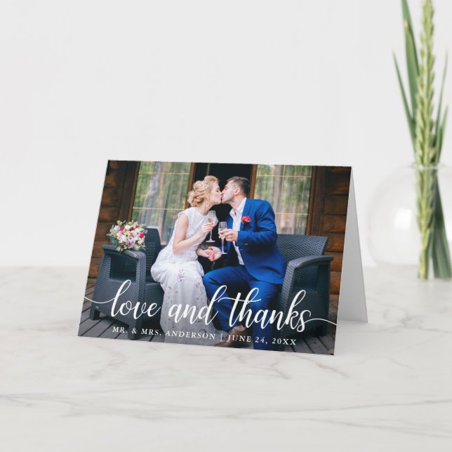 Modern Elegant Script Love Thanks Wedding Fold Thank You Card (Front)