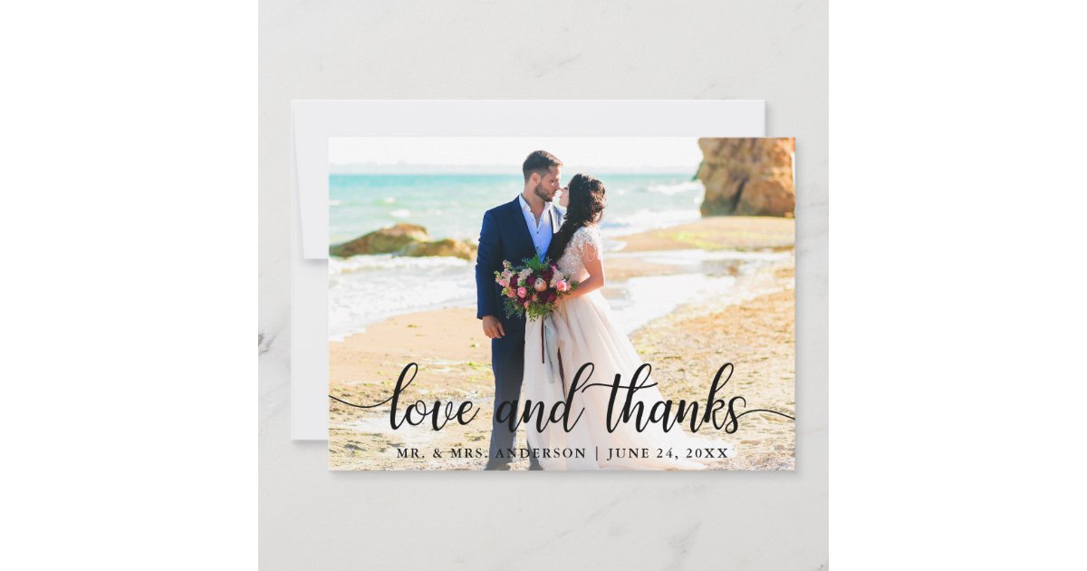Modern Elegant Script Love Thanks Wedding Photo B Thank You Card | Zazzle