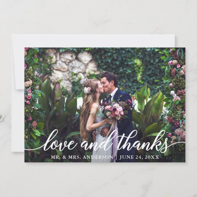 Modern Elegant Script Love Thanks Wedding Photo Thank You Card (Front)