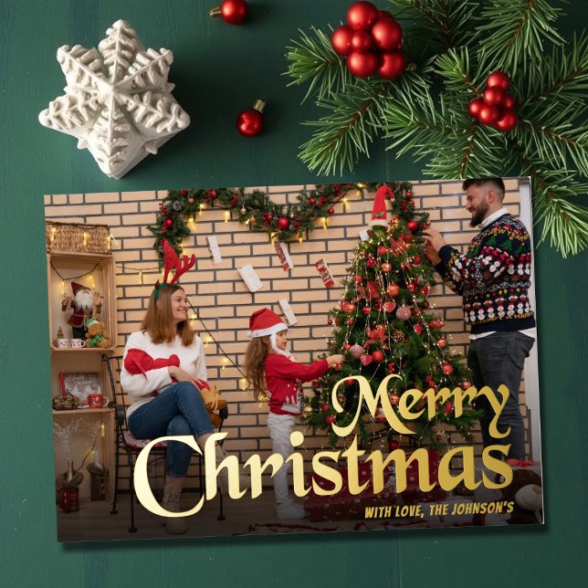 Modern Elegant Script Merry Christmas Family Photo Foil Holiday Card (Creator Uploaded)
