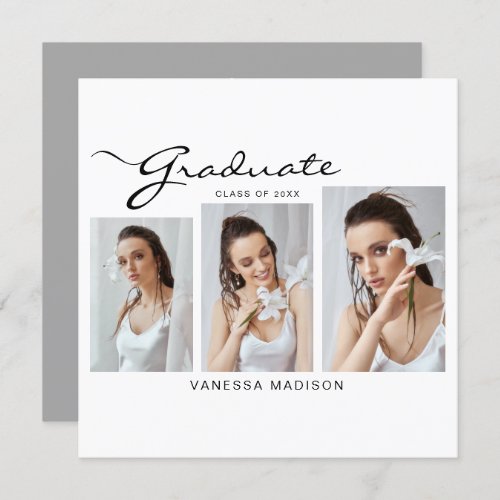 Modern Elegant Script Minimal  3 Photo Graduation Announcement