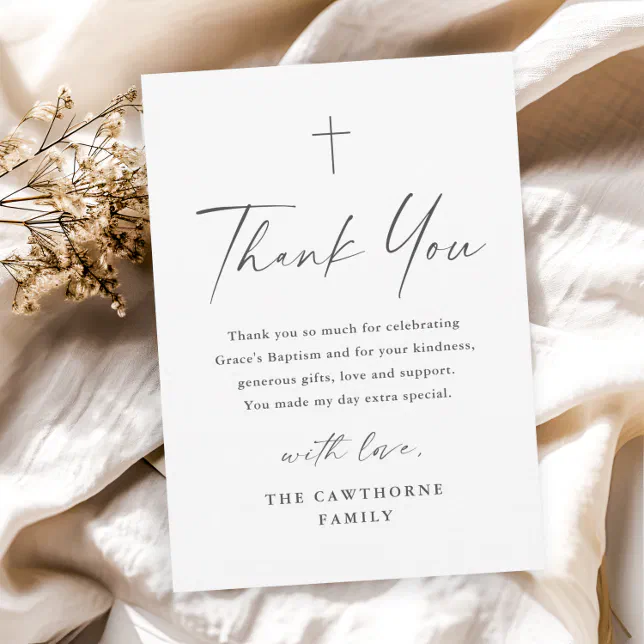 Modern Elegant Script Minimal Baptism Thank You Card | Zazzle