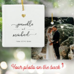 Modern Elegant Script Minimal Gold Heart Wedding Ceramic Ornament<br><div class="desc">Modern wedding ornament with your custom names in elegant swirly script calligraphy  alongside a printed gold heart and the date of your celebration. On the back is space for your favorite photo of the nultials. This is the minimalist black and white version. Great keepsake gifts for newlyweds!</div>