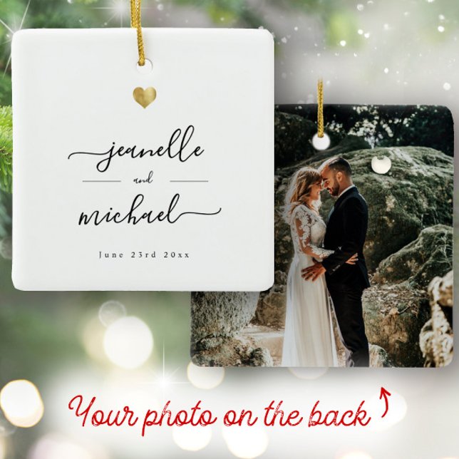 Modern Elegant Script Minimal Gold Heart Wedding Ceramic Ornament (Creator Uploaded)