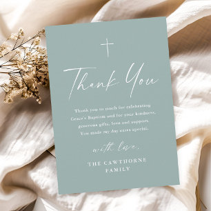 Modern Elegant Script Minimal Sage Green Baptism Thank You Card
