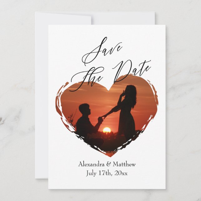 Modern Elegant Script Minimalist Heart Photo Save The Date (Front)