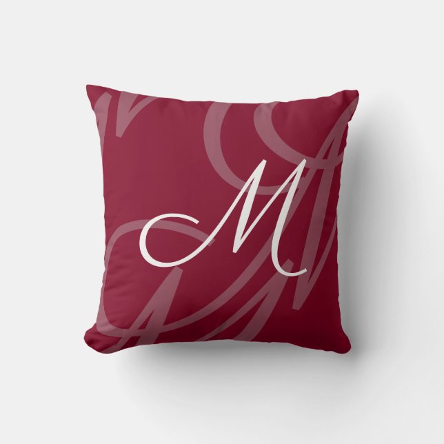 Modern Elegant Script Monogram Burgundy Red Throw Pillow (Front)
