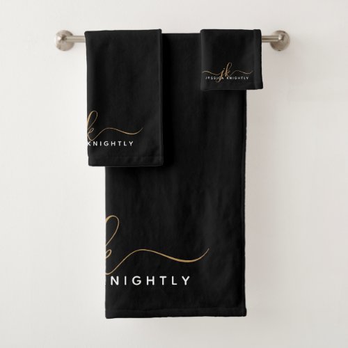 Modern Elegant Script Monogram Initials Black Gold Bath Towel Set