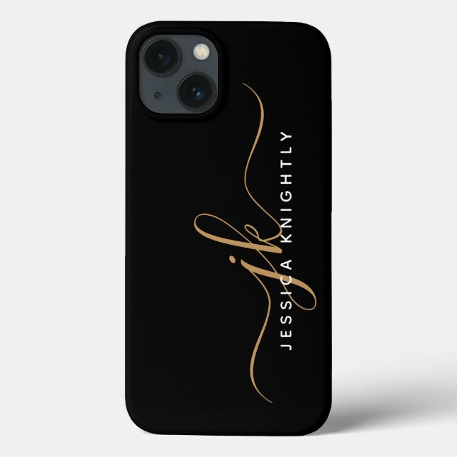 Modern Elegant Script Monogram Initials Black Gold Case-Mate iPhone Case (Back)