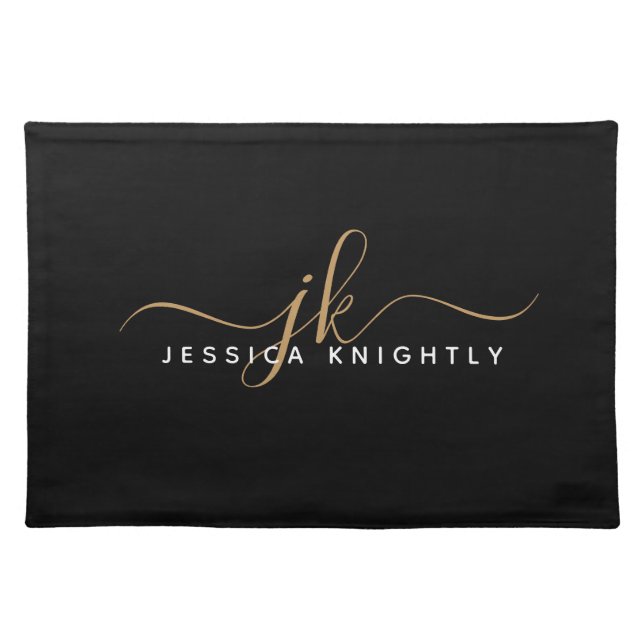 Modern Elegant Script Monogram Initials Black Gold Cloth Placemat (Front)