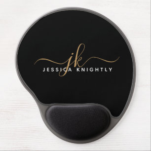 Modern Elegant Script Monogram Initials Black Gold Gel Mouse Pad