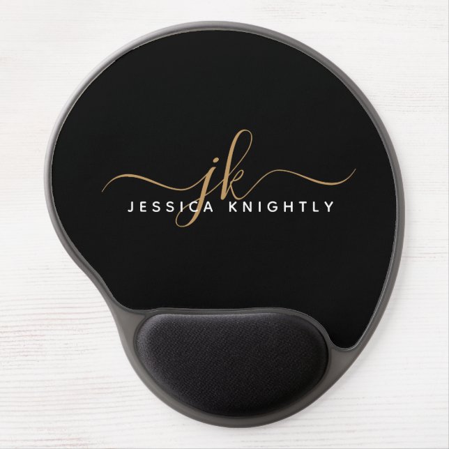 Modern Elegant Script Monogram Initials Black Gold Gel Mouse Pad (Front)