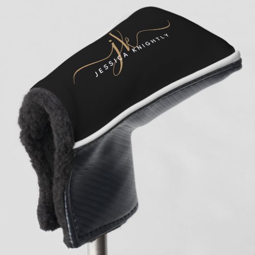 Modern Elegant Script Monogram Initials Black Gold Golf Head Cover