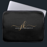 Modern Elegant Script Monogram Initials Black Gold Laptop Sleeve<br><div class="desc">Personalized modern laptop sleeve with simple, elegant handwritten calligraphy script initials or monogram and name in gold and white against an editable black background for a stylish or professional look. CHANGES: Change the background color, choose a styled graphics background or change the text font style, color, size and placement by...</div>
