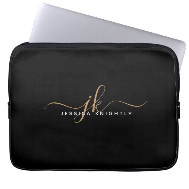 Modern Elegant Script Monogram Initials Black Gold Laptop Sleeve (Front)