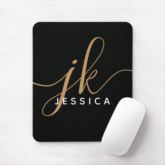Modern Elegant Script Monogram Initials Black Gold Mouse Pad (With Mouse)