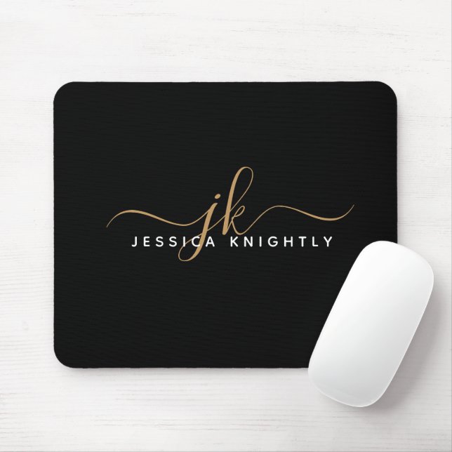 Modern Elegant Script Monogram Initials Black Gold Mouse Pad (With Mouse)