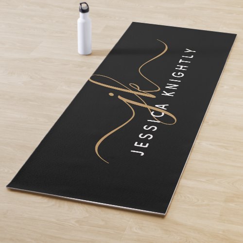 Modern Elegant Script Monogram Initials Black Gold Yoga Mat