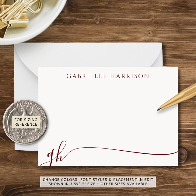Modern Elegant Script Monogram Initials Burgundy Note Card (Creator Uploaded)