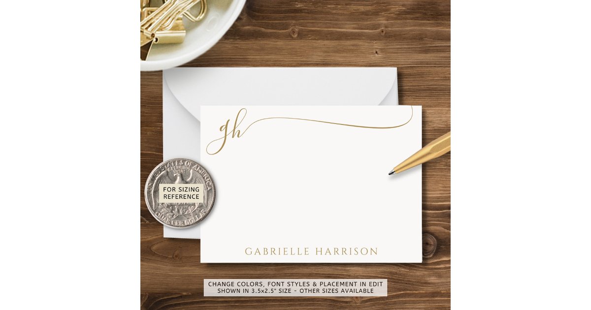 Modern Elegant Script Monogram Initials Gold Note Card | Zazzle