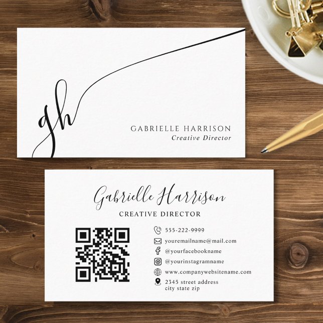 Modern Elegant Script Monogram Initials QR Code Business Card (Creator Uploaded)