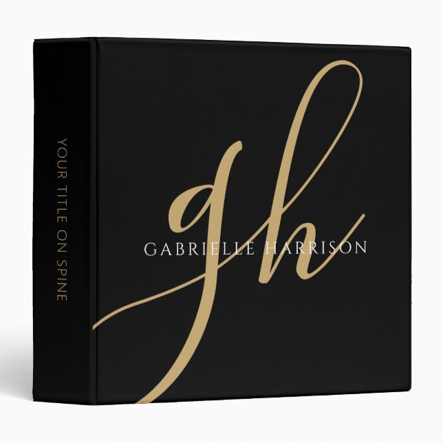 Modern Elegant Script Monogram Name Black Gold 3 Ring Binder (Front/Spine)