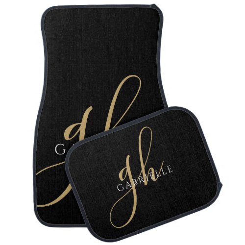 Modern Elegant Script Monogram Name Black Gold Car Floor Mat