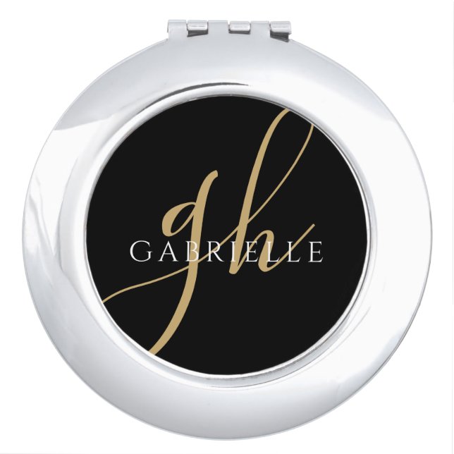 Modern Elegant Script Monogram Name Black Gold Compact Mirror (Front)