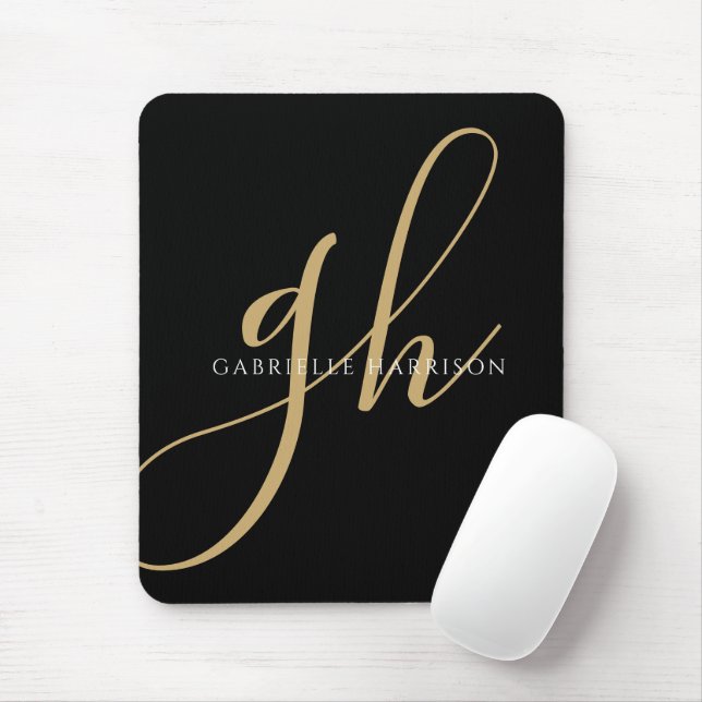Modern Elegant Script Monogram Name Black Gold Mouse Pad (With Mouse)